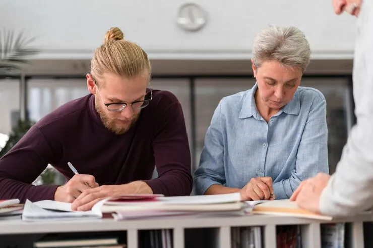 Zwei Personen schreiben konzentriert an einem Tisch