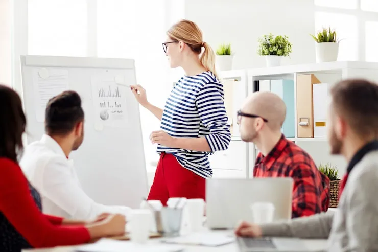 Trainerin präsentiert einer kleinen Gruppe am Whiteboard